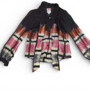 Yoana Baraschi Blouse Women Small Black Silk Sheer Button Up Floral Top